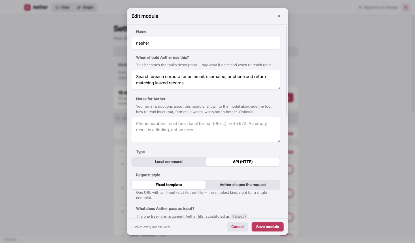 Editing a module: notes for Aether and a test request